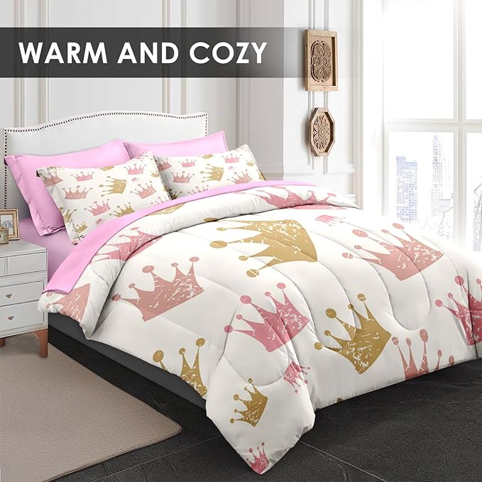 Comforter Set Full Size, Cute Kids Crown 7 Pcs Bedding for Kids and Adults, Pink Princess Girls Bed Sheet Sets with Fitted Sheet 2 Pillowcase & 2 Sham for Bedroom Bed Decor