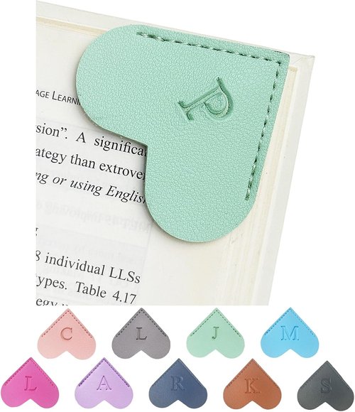 MOTEERLLU Personalized Leather Heart Bookmark - Custom Initials for Book Lovers | Handmade Green Design