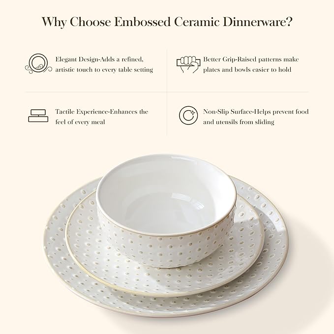 MALACASA 16 Pieces Dinnerware Sets, Modern Relief Design Plates and Bowls Sets, White Dish Set for 4, Kitchen Ceramic Dinner Plates Dishware Set, Microwave and Dishwasher Safe, Series LYDIA