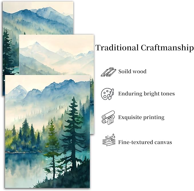 SERIMINO Nature Landscape Wall Art for Living Room, Green Forest Mountain Canvas Prints Paintings Room Decor, Lake Tree Cottagecore Modern Farmhouse Wall Decor Set of 3, 16"X24"