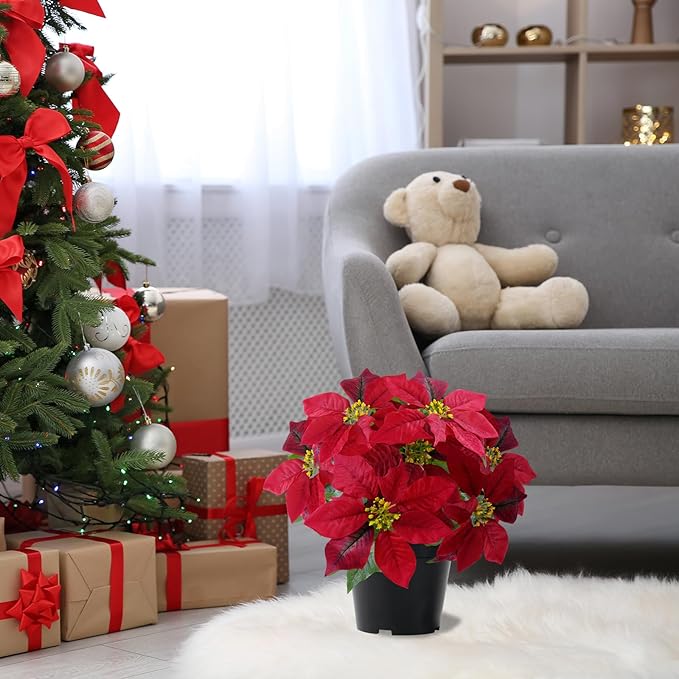 Poinsettia Artificial Red Christmas Flowers 14Inch Faux Poinsettia Plant Winter Flowers for Indoor Outdoor Xmas Ornament Porch Home Garden Decorations
