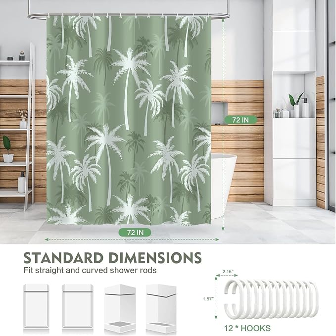 Tropical Palm Tree Shower Curtain, Summer Hawaii Coconut Tree Sage Green Bathroom Curtain Decor, Polyester Waterproof Bath Curtian Accessory Set 12 Hooks 72x72 inch