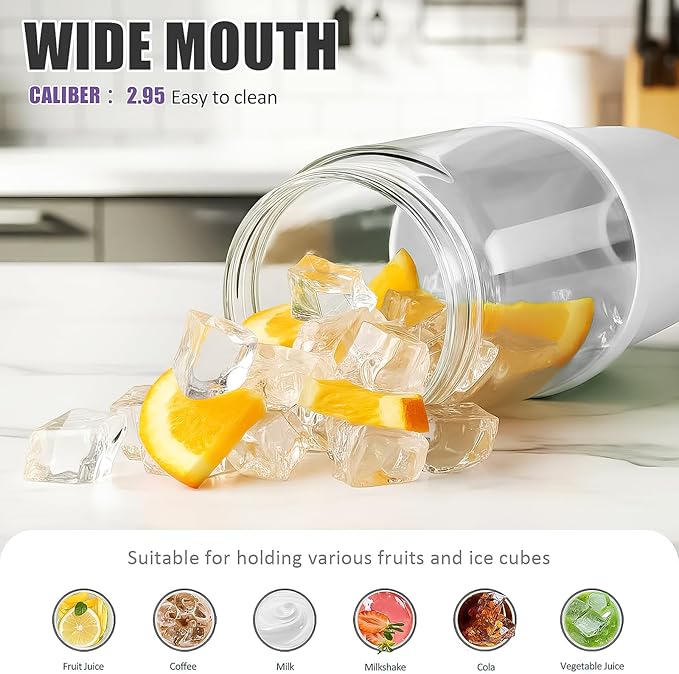 Glass Tumbler with Carry Handle, Clear Glass Water Bottle with Leakproof Lid, Spout Lid&Straw, BPA-Free, 32 oz, White