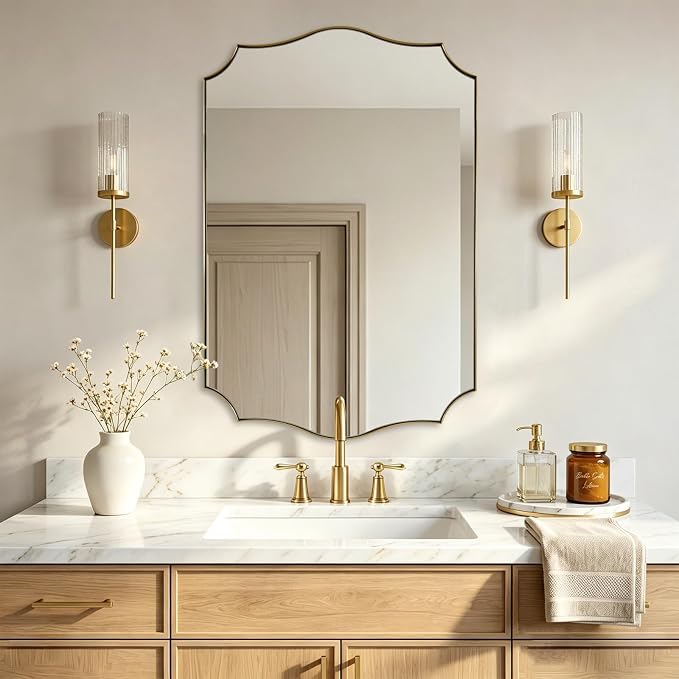 ANDY STAR 20"x30" Gold Vanity Mirror, Bathroom Mirrors for Wall, Antique Champagne Bronze Mirror in Rustproof Stainless Steel Thin Frame, Elegant Curved Scallop Design, Ideal for Home Remodel