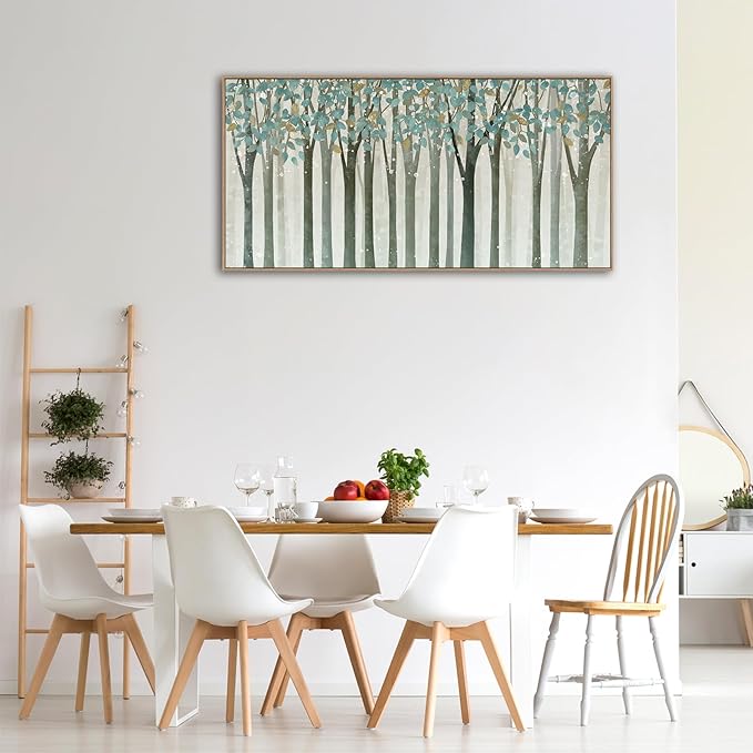 VEAEE Framed Birch Tree Wall Art - Living Room Wall Decor, Abstract Nature Forest Landscape Canvas Pictures, Teal Trees Paintings - Scenic Picture and Modern Home Decor for Bedroom Office 20" x 40"