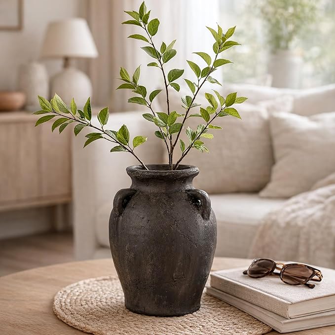 Rustic Matte Black Ceramic Vases, 9.5" H Handmade Distressed Terracotta Vases with 3 Ear, Large Decorative Farmhouse Pottery Vase Home Decor for Table Fireplace Entryway Shelf (Dark Charcoal Taupe)