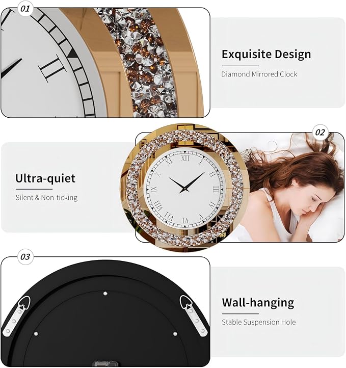 Crushed Diamond Wall Clock Round Decorative Mirrored Clock 24 inch Brown