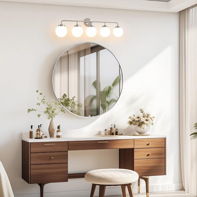 Bathroom Light Fixtures Over Mirror, Brushed Nickel Modern Vanity Lighting with Milk White Glass Globe Shades 5-Light Farmhouse Wall Sconce