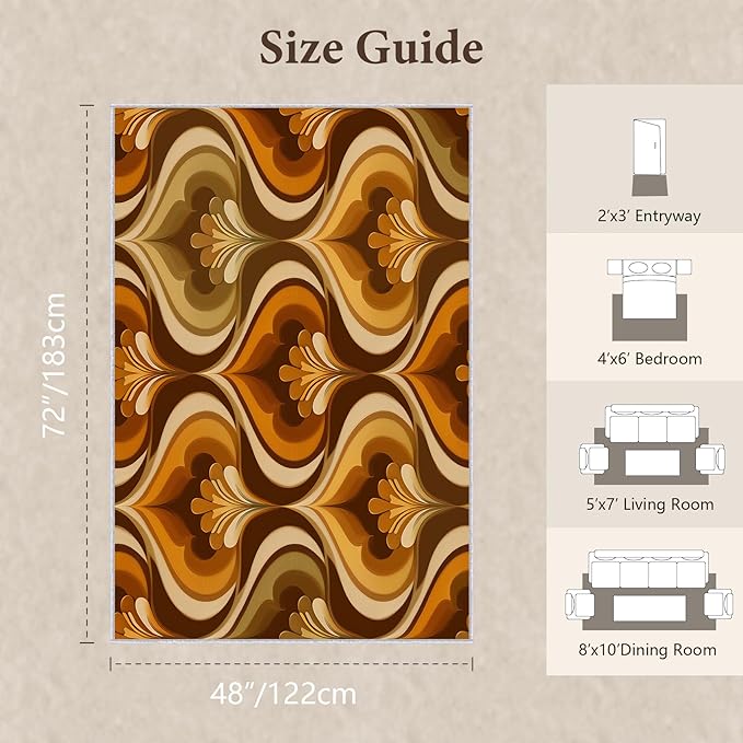 Retro 70s Area Rug 4x6, Mid Century Floral Geometric Rug, Burnt Orange Brown Vintage Carpet for Living Room Bedroom, Non-Slip Washable Area Rug