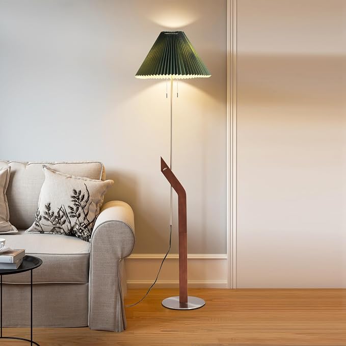 Mid Century Modern Wood Floor Lamp, Green Pleated Lampshade | Height Adjustable, Living Room, Study Room, Bedroom, Office,Sand Nickel,Tall Standing Dual Lamp Heads