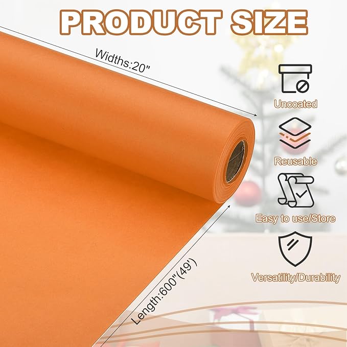 PATIKIL Wrapping Paper, 20" x 600"(49') 70 GSM Craft Paper Roll Kraft Packing Paper for Poster Bulletin Board, Gift Wrapping, Orange