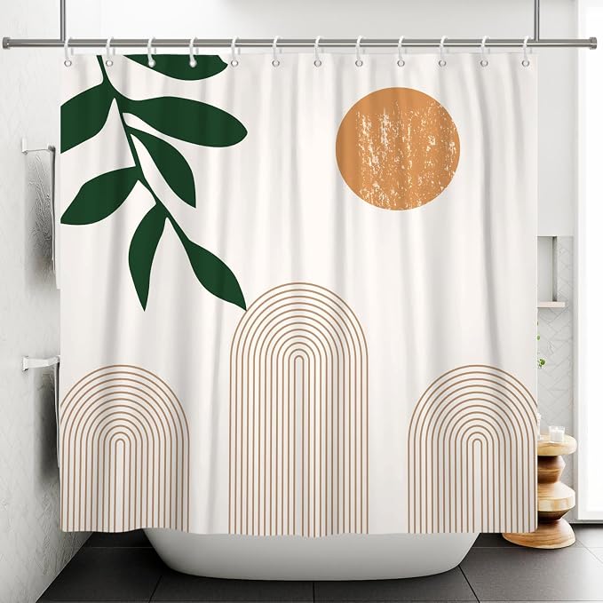 Boho Mid Century Shower Curtain Abstact Arch Sun Leaves Modern Minimalist Geometric Plant Aesthetic Shower Curtains Polyester Fabric Bathroom Decoration Curtain with Hooks 72x78 inch