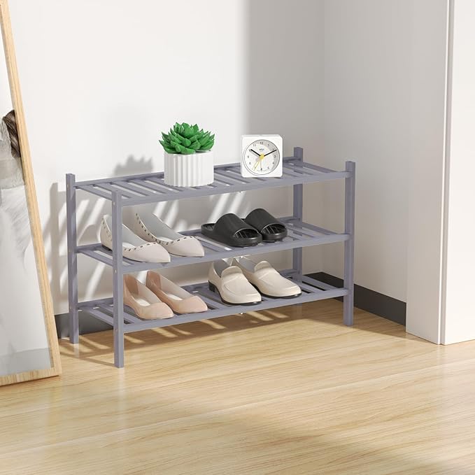 RONGJlA 2 Tier Bamboo Shoe Rack for Closet Free Standing Wood Shoe Shelf Storage Organizer for Entryway Small Space Stackable, Grey