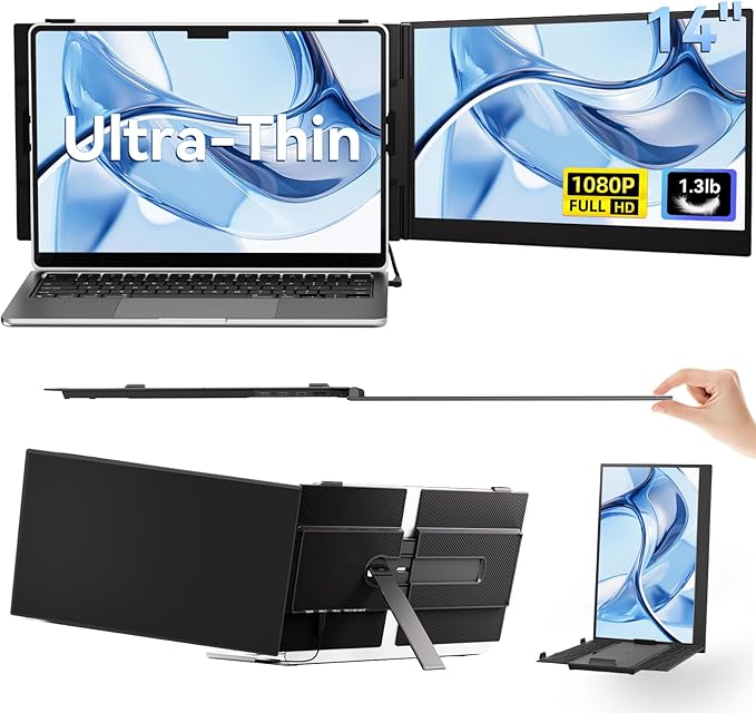 BKVOO 14" Laptop Screen Extender, Ultra-Thin Ligthweight FHD 1080P IPS Laptop Monitor Extender Dual Screen, Portable Monitor for Laptops 13-17.3" USB-C/HDMI Plug and Play for Windows/Mac/Android/PS5