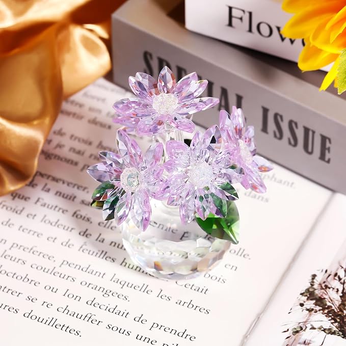 YWHL Purple Crystal Flower Figurines Decor, Beautiful Glass Flower Statue with Crystal Stand, Art Collectible Figurine Gifts for Wife Girlfriend