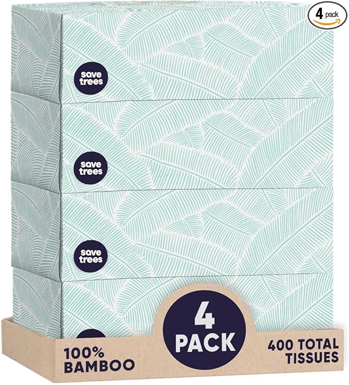 Save Trees Bamboo Facial Tissues - 4 Boxes of Eco-Friendly, 3-Ply Hypoallergenic Tissues, 90 Sheets per Box, FSC Certified, Plastic-Free Packaging, Soft & Gentle for Home Use