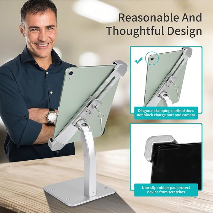 YOOZ Anti Theft Tablet Stand for Desktop, Security Tablet Mount Retail Kiosk POS, Heavy Duty Metal Tablet Holder with Lock for 7-11" Tablets, iPad Pro Air Mini, Galaxy Tabs, Surface etc