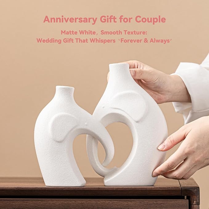 Elephant Couple Vase Set - 2-Piece White Ceramic Vases with Heart-Shaped Trunk Design, Romantic Gifts for Couples, Wedding Gift for Couple, Decorative Vase for Living Room/Dresser