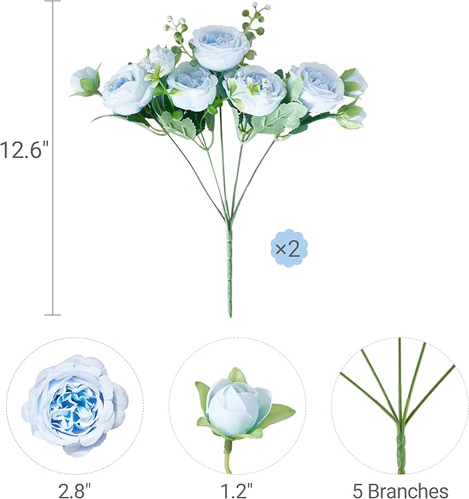 Mkono Peonies Artificial Flowers, Small Silk Flowers for Home Decor Indoor Fake Bouquet Faux Floral Arrangements Dining Table Centerpieces for Kitchen Bridal Wedding Party Decor Blue