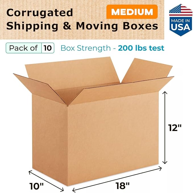 Medium Shipping & Moving Boxes 18x10x12 inches (10-Pack) - Extra Strength 200 lb vs Regular - Corrugated Durable Moving Boxes - Heavy Duty Box, Made in USA - Cardboard Moving Box by IDL Packaging
