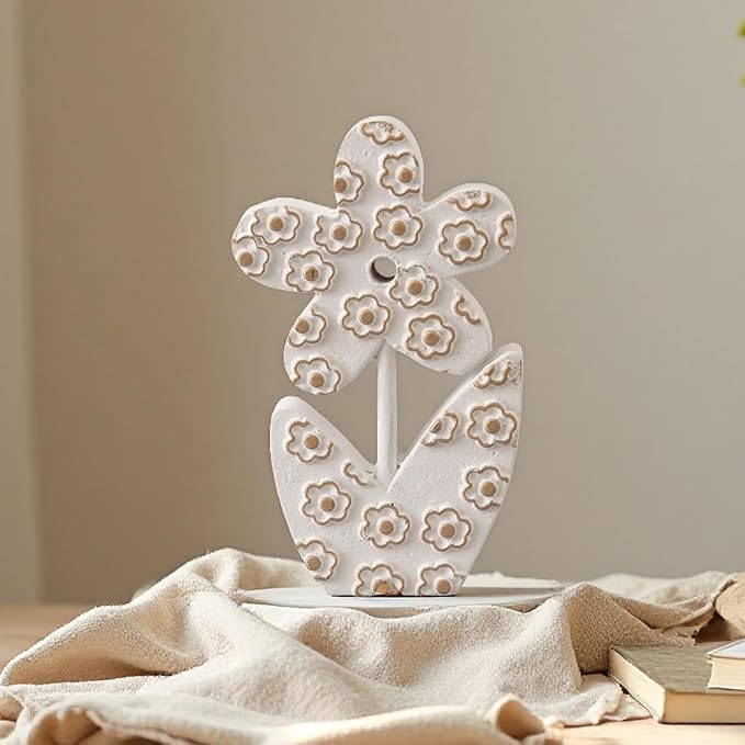 Vintage Small Cute Wooden Flowers Table Decorations for Dining Room 5 X 8 Inch, Handmade Distressed White Rustic Floral Coffee Table Figurine for Living Room, Farmhouse Home Decor for Shelf