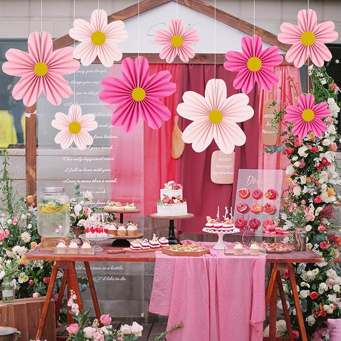 YUNXUAN Pink Party Decorations Paper Fan Paper Flowers Decorations for Wall Flower Backdrop Classroom Baby Shower Birthday Flower Wall Decor Pack of 9 Pink