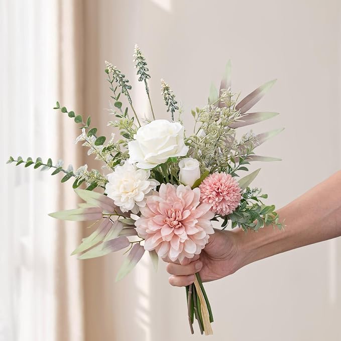 Fake Flowers in Vase, Artificial Flowers with Vase, 15.7'' Floral Arrangements for Dining Table Centerpiece Decor, Silk Roses & Faux Dahlia Bouquet for Farmfouse Kitchen Coffee Table Decor (Pink)