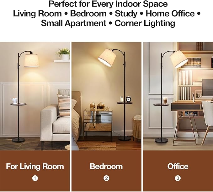 AIDENOEY Fully Dimmable Floor Lamp for Living Room，Standing Lamp Rotary Switch with Table&Linen Beige Shade，Black Tall Lamps for Bedroom with Adjust Head，9W LED Bulb Included