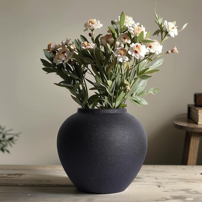 Rustic Ceramic Vase, 8.3" Black Farmhouse Tall Vase, Vintage Vases, Modern Terracotta Decor Vases for Home Decor, Living Room, Entryway, Table Centerpieces, Shelf, Kitchen, Housewarming Gifts