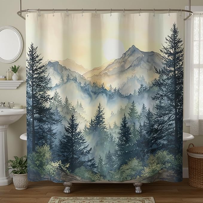 Misty Forest Mountain Shower Curtain, Nature Scenery Watercolor Pine Tree Landscape, Foggy Morning Mountain Peak Aesthetic Bathroom Decor, Waterproof Fabric, 72x72 Inch.