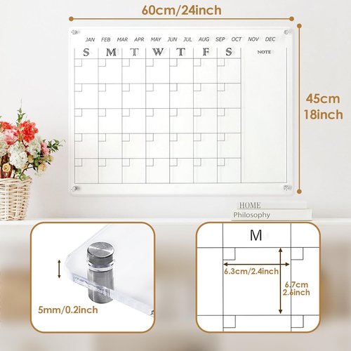 MAKELLO Acrylic Wall Calendar - 24" x 18" Clear Dry Erase Planner for Office, Home & School | Includes 4 Pens & Holder