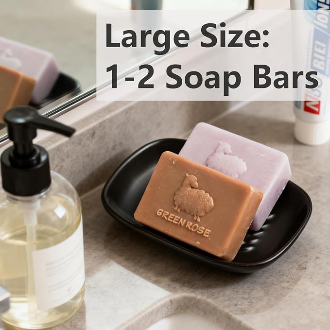 Miamolo Soap Dish, Ceramic Soap Holder Shower Soap Dish for Bar Soap Sponge, Soap Saver Tray for Bathroom Kitchen Sink, Black