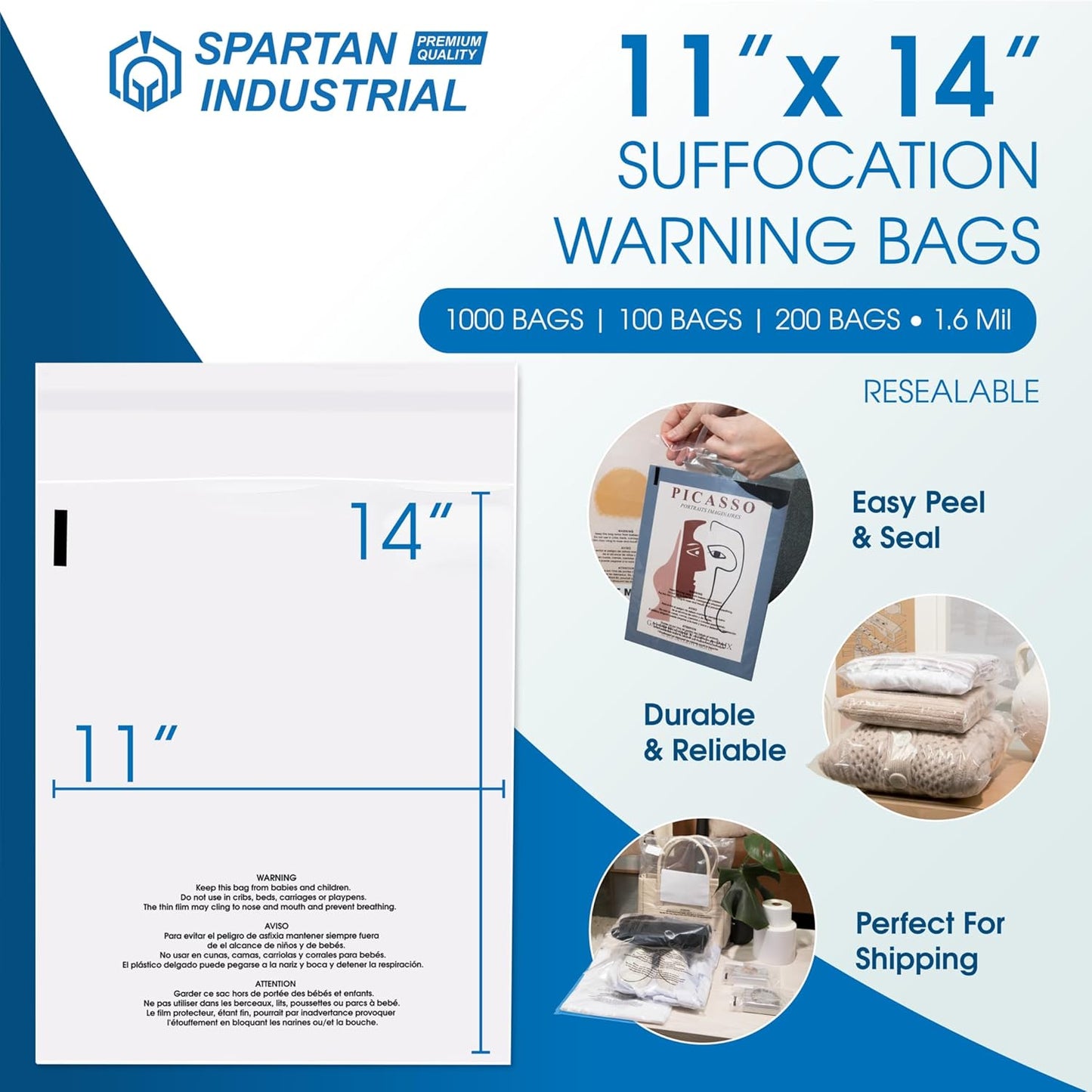Spartan Industrial - Self-Seal Clear Poly Bags (11” X 14”, 200 Count) with Suffocation Warning | Resealable Glue