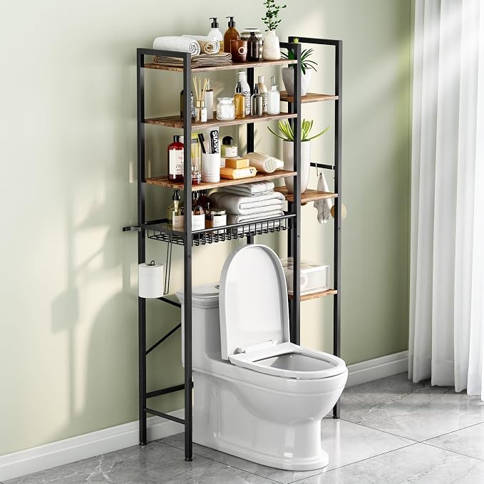 Kalrin 8-Tier Over The Toilet Storage with Side Rack, Over Toilet Storage Rack with Adjustable Shelf & Drain Basket, Freestanding Bathroom Organizer for Balcony, Laundry (Vintage Brown)