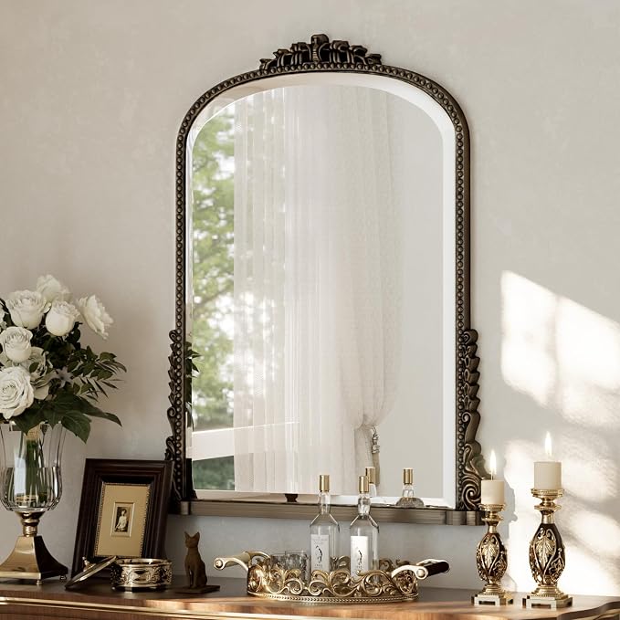 24"×32" Bronze Wide Arched Wall Mirror, Vintage Carving Bathroom Vanity Makeup Mirror, as Wall Decor Hanging Leaning for Fireplace Mantle, Living Room, Bedroom, Vanity Area
