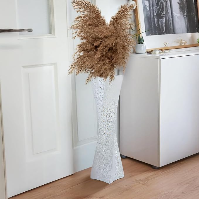 27.5 Inch (Ice Crack White) Tall Floor Vase for Home Decor - Modern Freestanding Vase with Textured Finish, Handmade Design for Pampas Grass, Artificial Flowers, Farmhouse Living Room Corner Décor