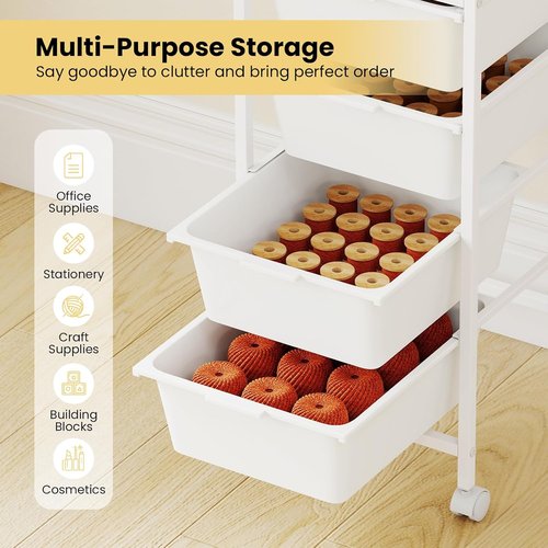LDAILY 4-Drawer Rolling Storage Cart - Metal Frame with Wooden Tabletop & Lockable Wheels | White