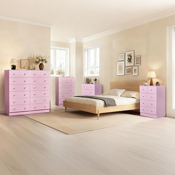 Karl home Pink 7 Drawer Dresser for Bedroom, Tall Dresser Chest of Drawers, Rustic Wood Bedroom Dressers Clothes Organizer, Anti-Tipping Device, Rose Gold Metal Handle, Living Room, Entryway, Office