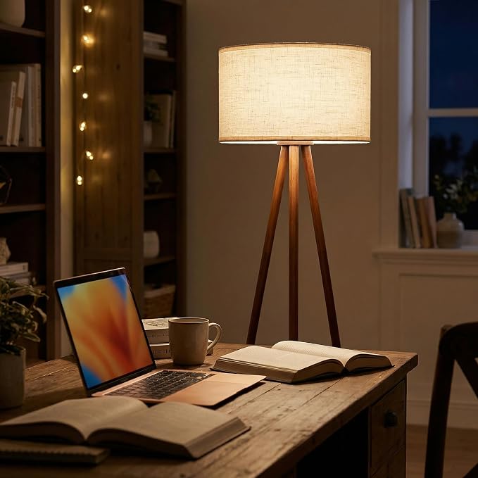 Modern Floor Lamp with White Drum Shade, Wood and Metal Construction, Adjustable Height, for Living Room, Bedroom, Office