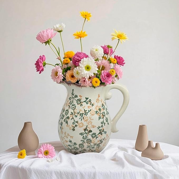 Vintage Ceramic Flower Pitcher Vase Home Decor - Tabletop Rustic Large Vase for Decor Living Room Bookshelf Office Kitchen Cottage, White Vases for Bouquet, with Handle | Grand Millennial | 8.3inch