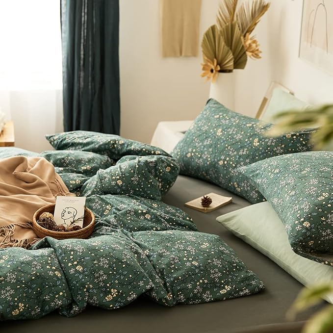 EAVD Premium Soft 100% Jersey Knit Cotton Duvet Cover Green Floral Duvet Cover Queen Vintage Style Botanical Bedding Set for children,teens,boys,girls, women&men Chic Shabby Reversible Comforter Set