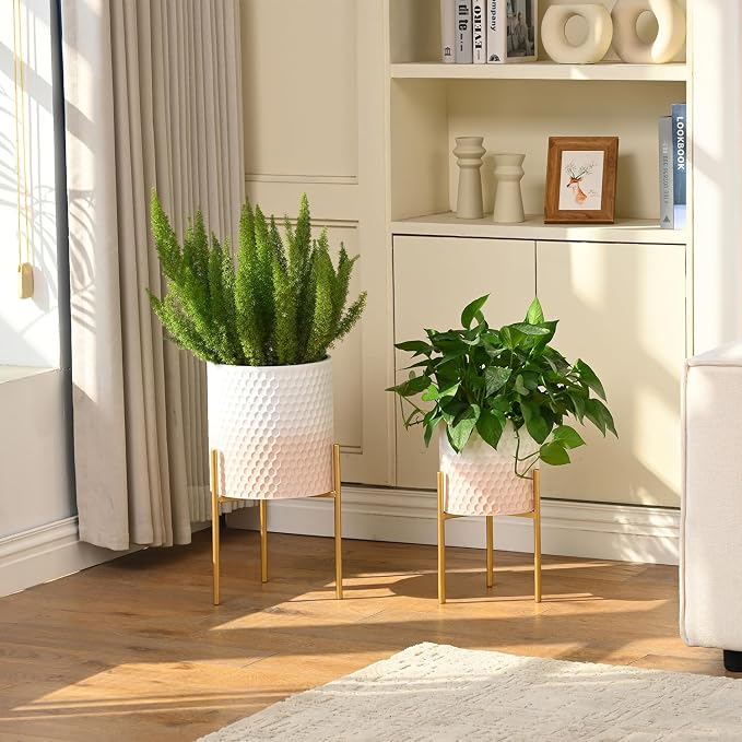 Modern Planter Pots, Set of 2 White Pink Planters with Stand, Decorative Planters, Metal Pots with Drainage Holes for Living Room, Office, Garden