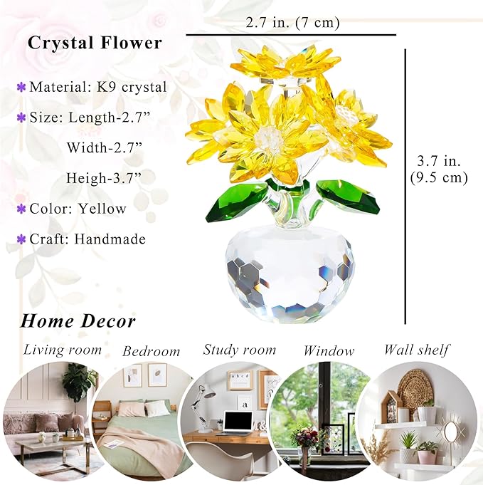 YWHL Handmade Yellow Crystal Flower Figurine with Base, Beautiful Glass Flower Gifts for Women, Flower Collectible Figurines Decoration for Christmas, Valentine's Day, Wedding (Yellow)