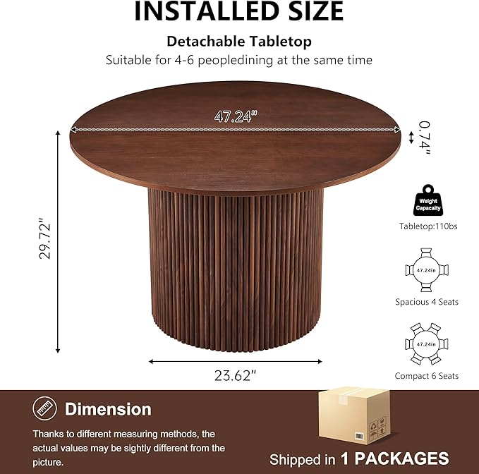 Homedot 47" Round Dining Room Table Walnut Wood Veneer Tabletop, Farmhouse Dinner Table with Two-Part Tabletop for 4-6, Rustic Circle Dining Table with MDF Strip Base for Kitchen Living Room