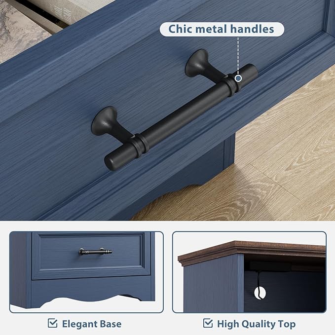 19.7" Nightstand with Charging Station, Farmhouse End Table with 2 Drawers Storage, Blue Wooden Night Stand, Bed Side Table with Open Shelf, Bedside Cabinet for Bedroom, Living Room