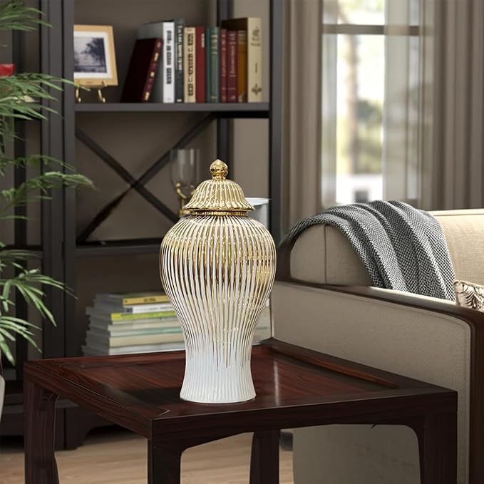 Ginger Jar, White Gold Ceramic Vase Large Handmade Porcelain Vases with Lid, White Gold Decorative Flower Vase for Home, Living Room, Weddings, Centerpieces (B-Medium)