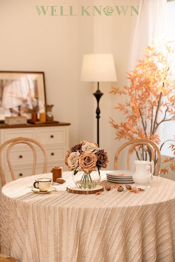 WELL KNOWN Silk Rose Artificial Flowers Arrangements with Vase, Artificial Coffee & Orange Rose Bouquet in Vase with Faux Water for Fall Home Party Wedding Table Centerpieces Decor & Gift (Earth)