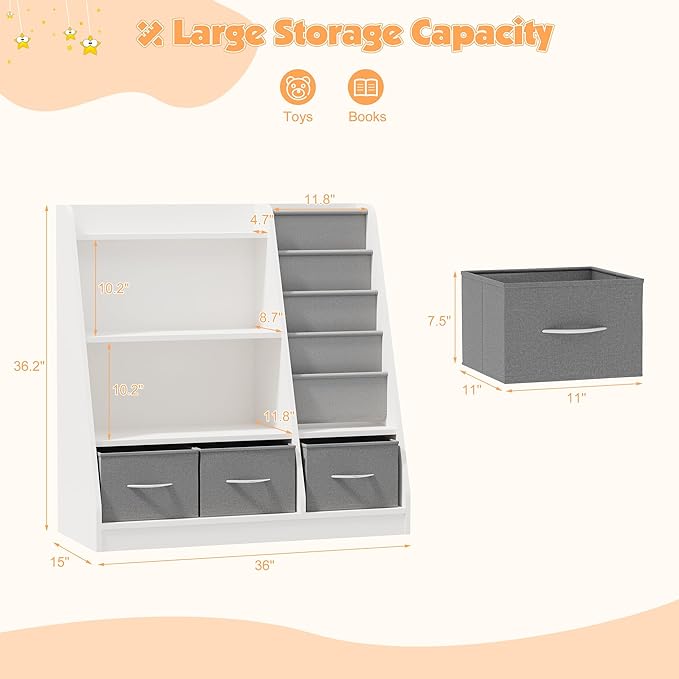 NACHES Kids Bookshelf and Toy Storage Organizer, Montessori Nursery Book Shelves with Sling Rack & Fabric Toy Bins, Children Toddler Baby Bookcase, Wooden Toy Shelf for Kids Room, Playroom, White