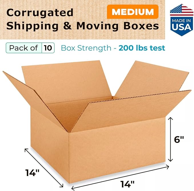 Medium Moving & Shipping Boxes 14x14x6 inches (10-Pack) - Extra Strength 200 lb vs Regular - Corrugated Heavy Duty Moving Boxes, Made in USA - Cardboard Moving Box by IDL Packaging