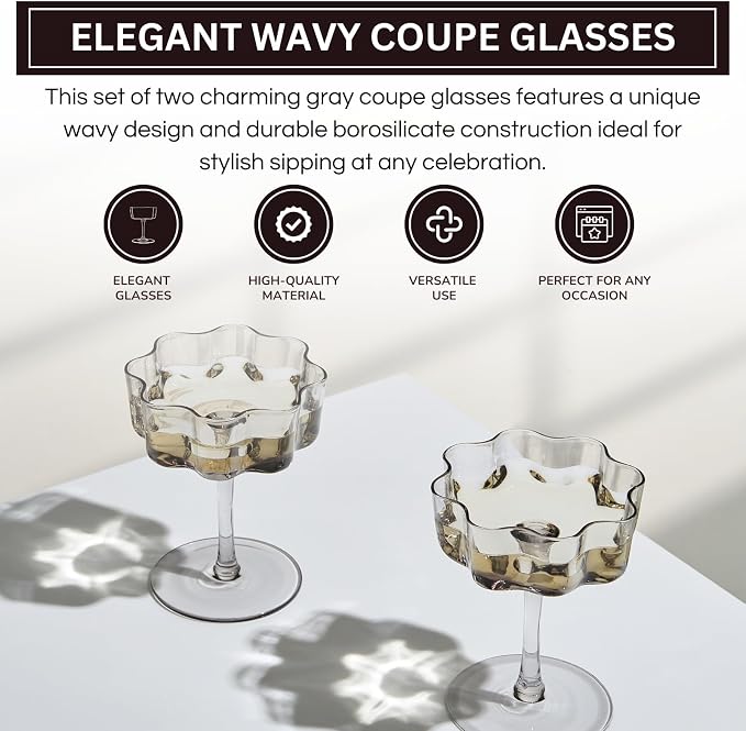 Khen Flower Vintage Wavy Glass Coupes Martini, Champagne & Cocktail Coupes - Set of 2-7oz Colorful Cocktail Glasses & Champagne, Prosecco, Mimosa Glassware Copyright Design - Gray